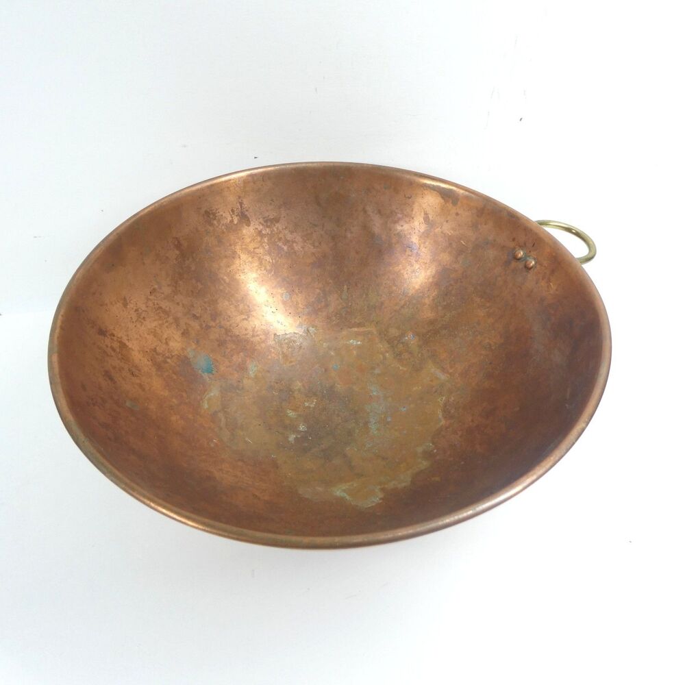 Copper Mixing Bowl 10" Round Bottom Brass Hanging Ring Rolled Rim Vintage